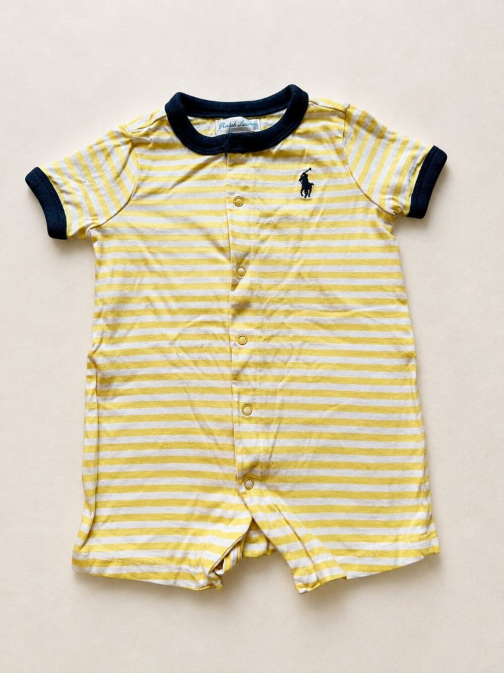 Ralph Lauren Baby Yellow Striped Shortall Romper 3M Pony Logo